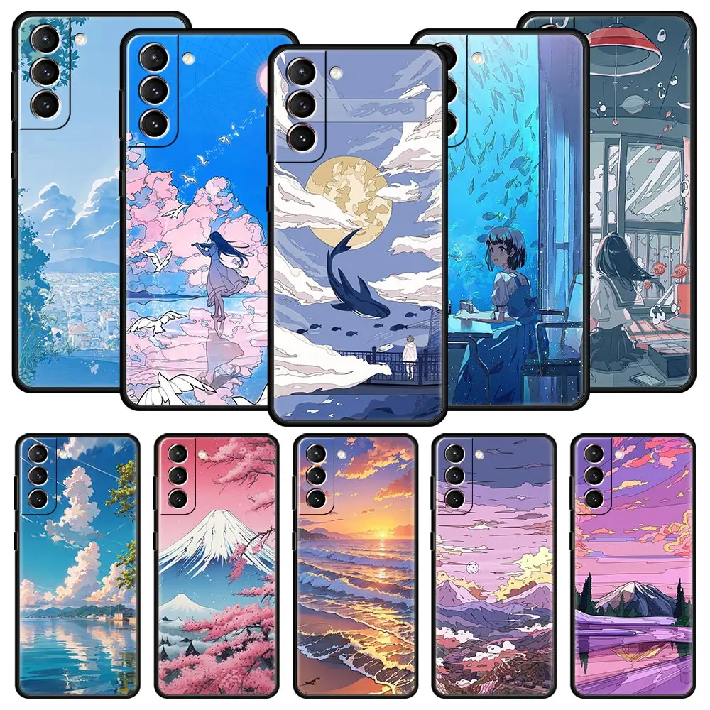 Funda de teléfono para Samsung Galaxy S24 S23 Ultra S22 S21 S20 FE 5G S10 S10E S9 Plus S8 Funda negra suave Funda de verano Sky para