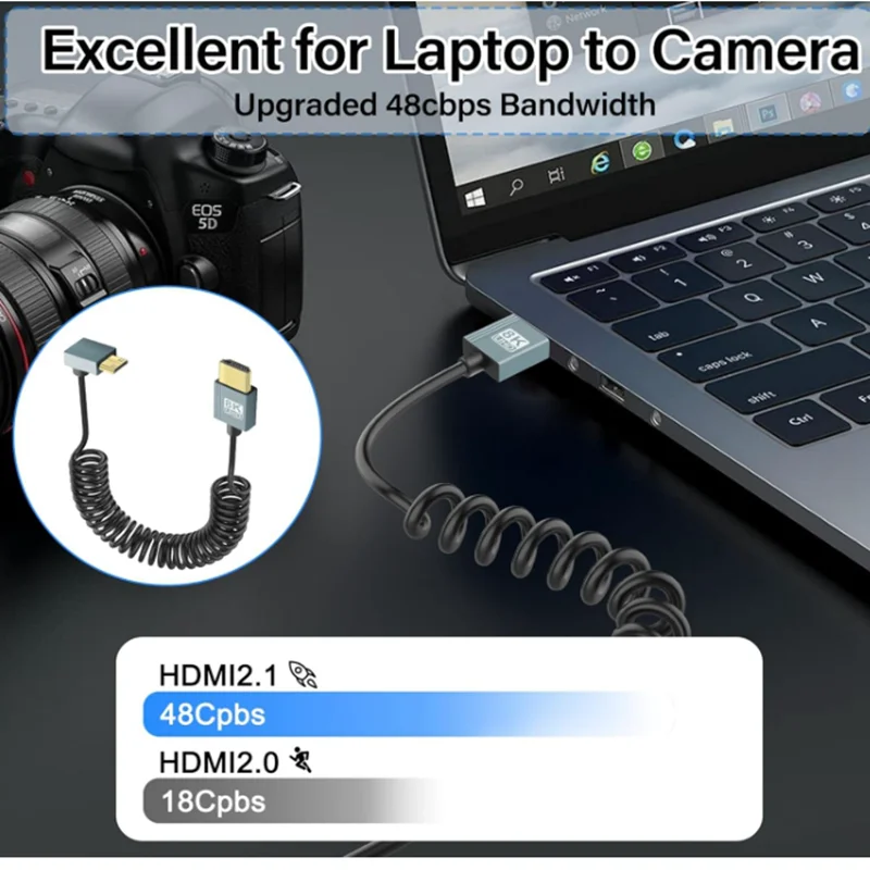Cable en espiral Ultra HD de alta velocidad HD a Mini HDMI 2,1, compatible con 8K, 4K, 3D y HDR dinámico de hasta 48Gbps, Compatible - imagen 3