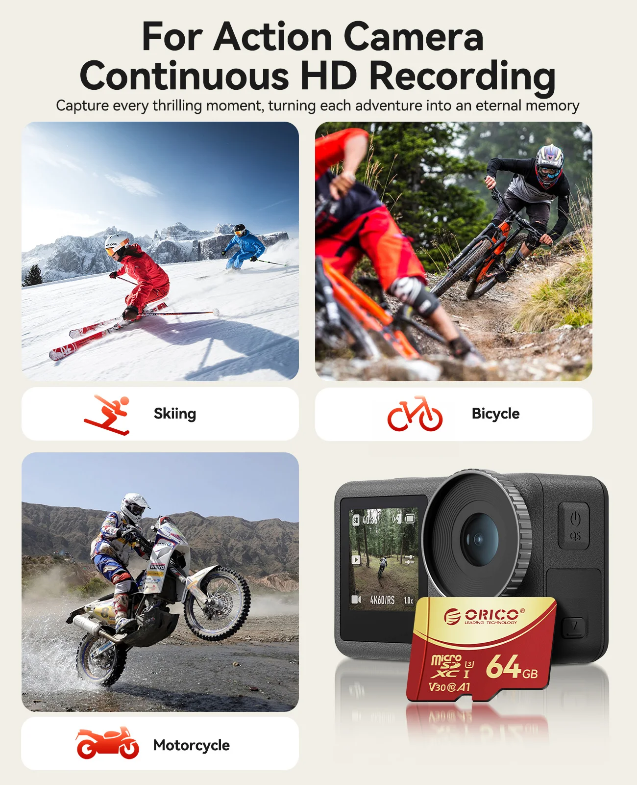 Tarjeta de memoria ORICO microSDXC UHS-I de 64 GB, 180 MB/s, recificación 4K UHD, U3, Class10, V30, A1, Micro SD para cámara de acción, cámara de salpicadero - imagen 4