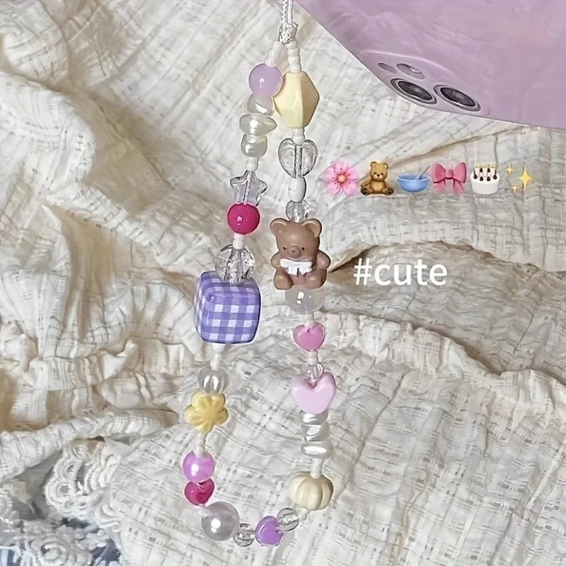 Coreano encantador oso 3D flor corazón con cuentas cadena para teléfono cordón colgante dijes para teléfono correa de teléfono cordón móvil hecho a mano regalo de joyería - imagen 5