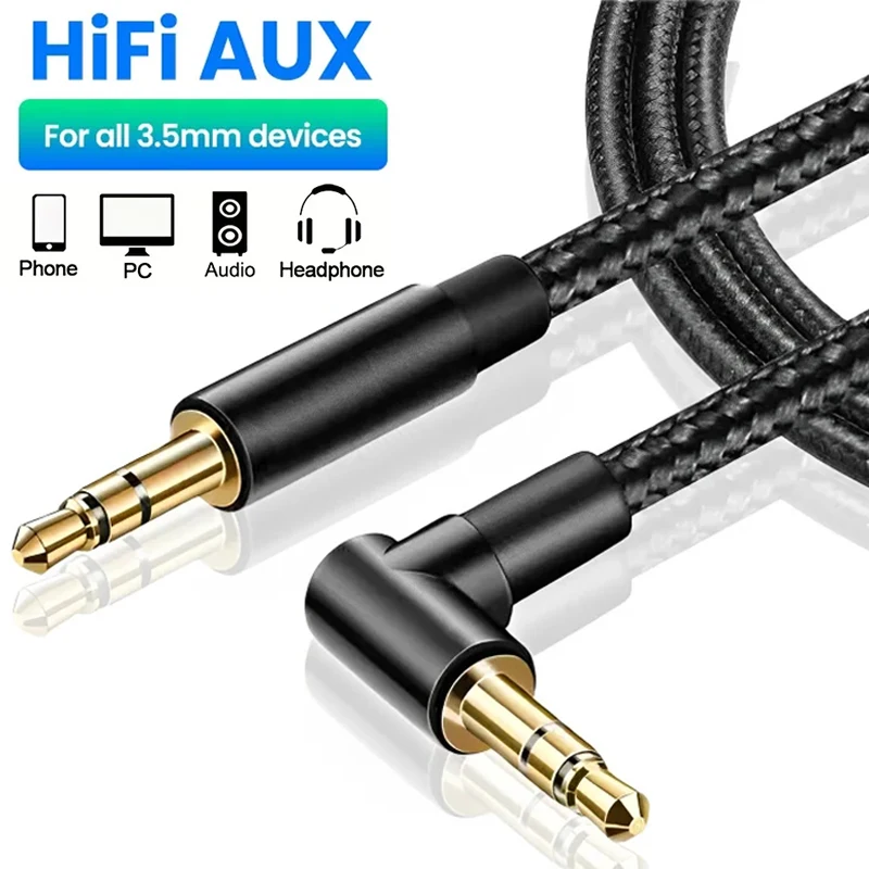Cable de Audio con conector de 3,5mm, codo de 90 grados, Cable auxiliar de altavoz macho a macho para Samsung Xiaomi MP3/4, Cable adaptador de vídeo para auriculares de coche