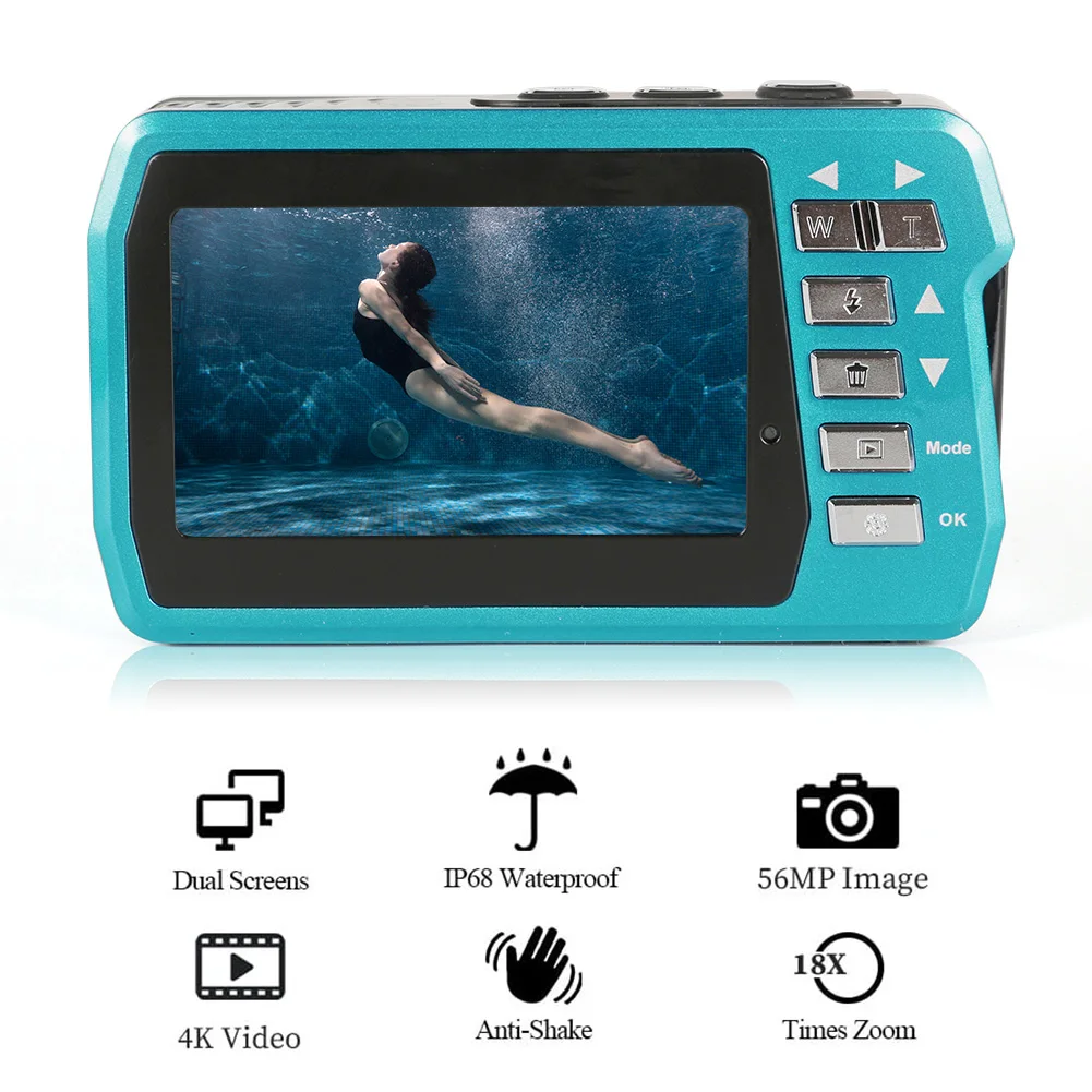 Cámara Digital impermeable 1080P 4K 56MP, videocámara antivibración para exteriores, IPS, pantalla Dual, Selfie, para natación - imagen 3