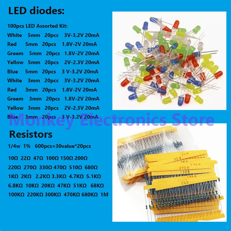 Kit de componentes electrónicos, 8 tipos de diodo de resistencia led, circuito integrado IC ne555 lm317, condensador electrolítico to-92 to-220 - imagen 3