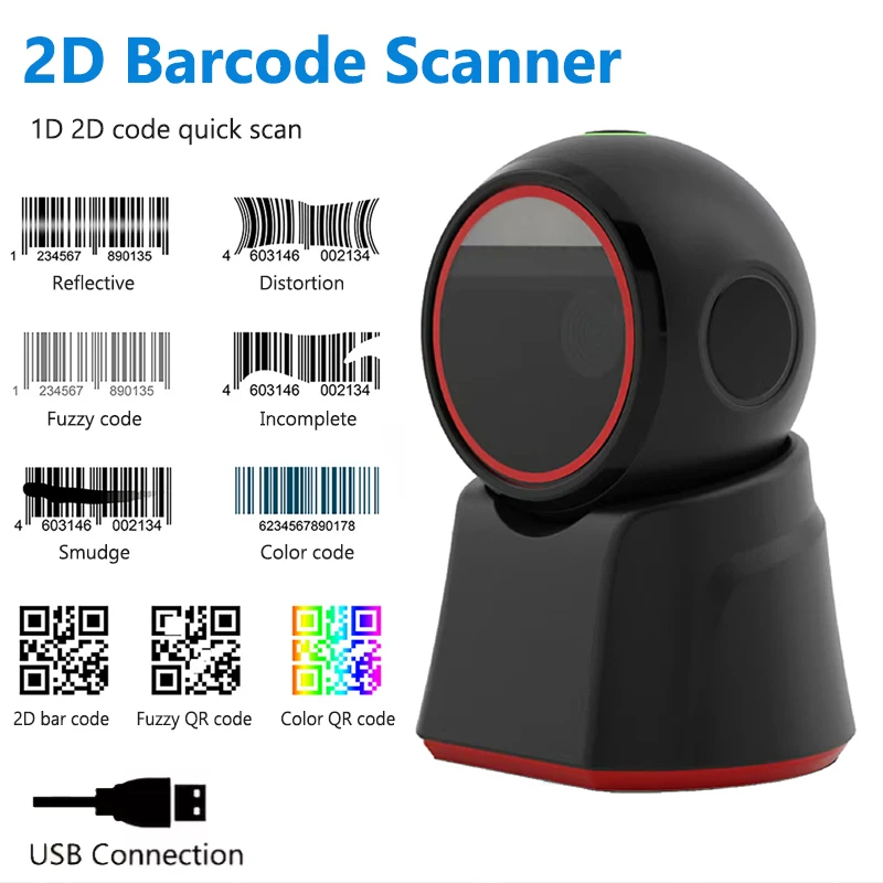Escáner de código de barras 2D USB de escritorio omnidireccional 1D 2D QR Code matriz de datos PDF417 lector de código de barras portátil para tienda supermercado