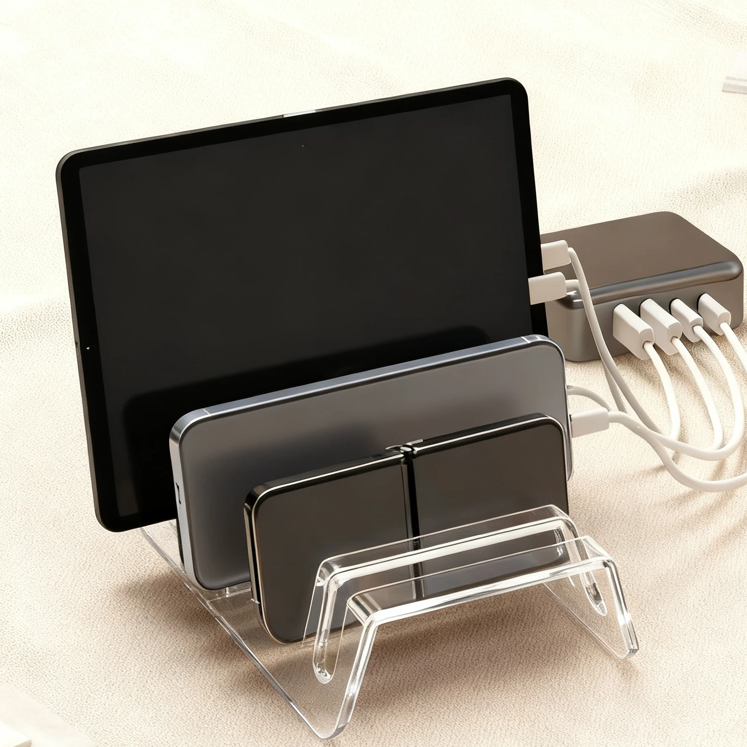 Soporte acrílico transparente para teléfono móvil, soporte de almacenamiento multipuerto para teléfono móvil, tableta, soporte perezoso, soportes de disipación de calor - imagen 3