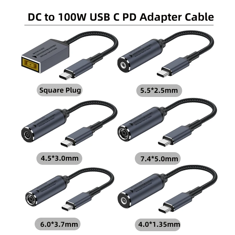 Cable de carga rápida USB C PD de 100W DC 4,5x3,0 7,4x5,0 5,5x2,5mm a Cable adaptador de corriente tipo C para Lenovo Dell Hp Asus Cable para ordenador portátil