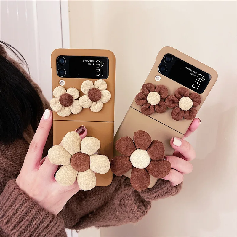 Funda de teléfono móvil con soporte de flores para Samsung ZFlip3, pantalla plegable de silicona, Color café - imagen 2