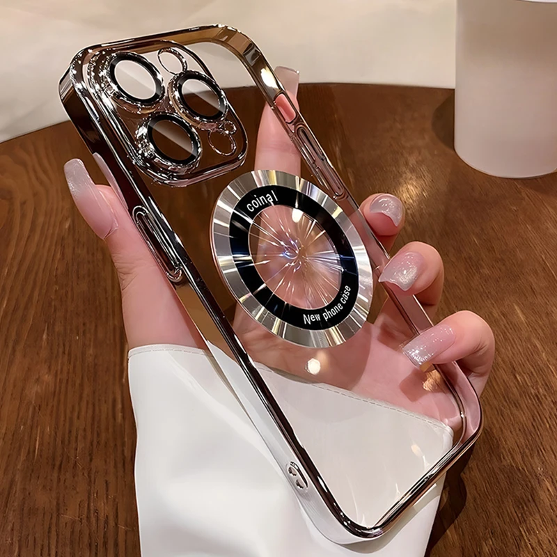 Logotipo de lujo para MagSafe funda magnética de carga inalámbrica para iPhone 15 14 13 12 11 Pro Max Plus cubierta chapada accesorios transparentes - imagen 2