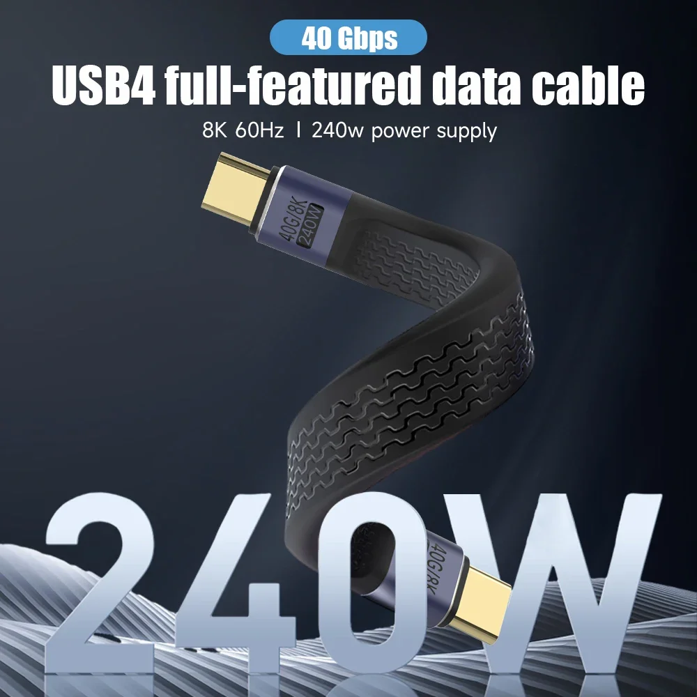 Câble de données plat court pour ordinateur portable, adaptateur audio et vidéo PD, charge rapide, type C mâle à mâle, 240W, USB 4.0, 40Gbps, 8K, 60Hz