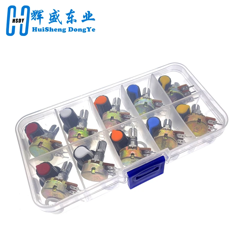 Kit de potenciómetro WH148 1K 2K 5K 10K 20K 50K 100K 250K 500K 1M 15mm juego de potenciómetro giratorio cónico lineal de 3 pines con tapa de perilla - imagen 2
