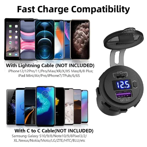 Cargador de coche USB tipo PD C, enchufe de cargador USB dual para coche de 12V/24V, con interruptor, adecuado para camiones, barcos, motocicletas ATV DVR - imagen 2