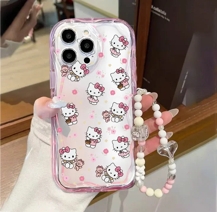 Funda de teléfono con cadena de pulsera de Hello Kitty para IPhone 15 Pro Max 14 11 12 13 Mini XR 6s 6 8 7 Plus X XS SE 2020 2022 cubierta de borde ondulado