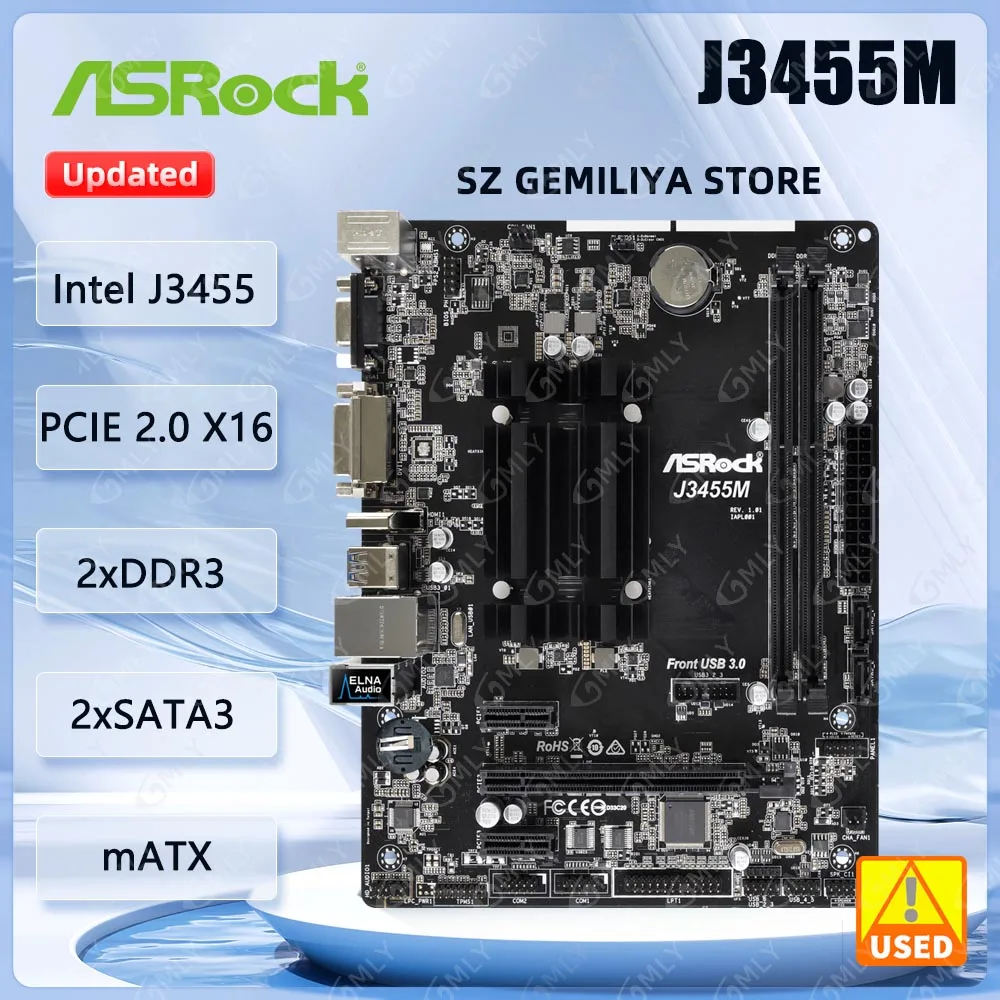 Placa base ASRock J3455M Procesador Intel Quad-Core J3455 Compatible con memoria DDR 1866 Opciones de salida gráficas 1 PCIe 2.0x16 USB 3.