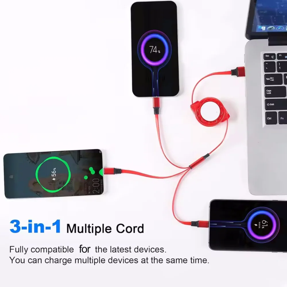 Cable de carga USB portátil 3 en 1 tipo C Cable de carga rápida Micro USB para iPhone 14 Xiaomi Cable de carga rápida extensible de 1M - imagen 3