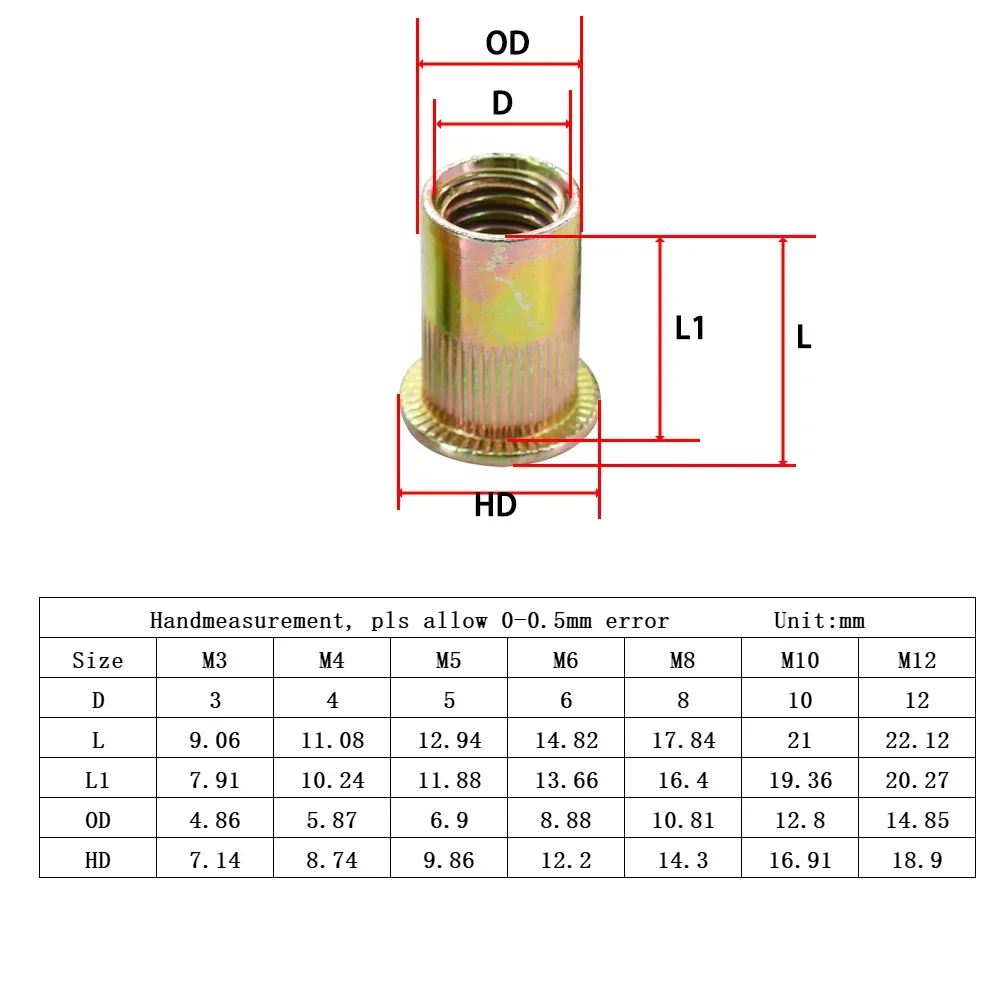 Tuercas de remaches de cabeza plana de acero inoxidable M3 M4 M5 M6 M8 M10 M12, tuerca Rivnut de acero al carbono, herrajes de sujeción de chapa de aluminio - imagen 3