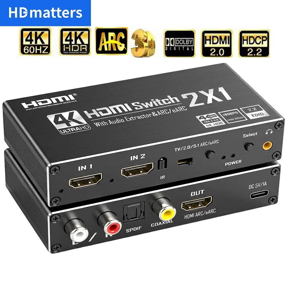 Extractor de audio con 2 puertos HDMI 2,0 para PS5, 4K, 60Hz, 5,1 CH, HDMI2.0b, HDMI ARC Switch con audio toslink, estéreo, HDCP 2,2, 4K, 60Hz