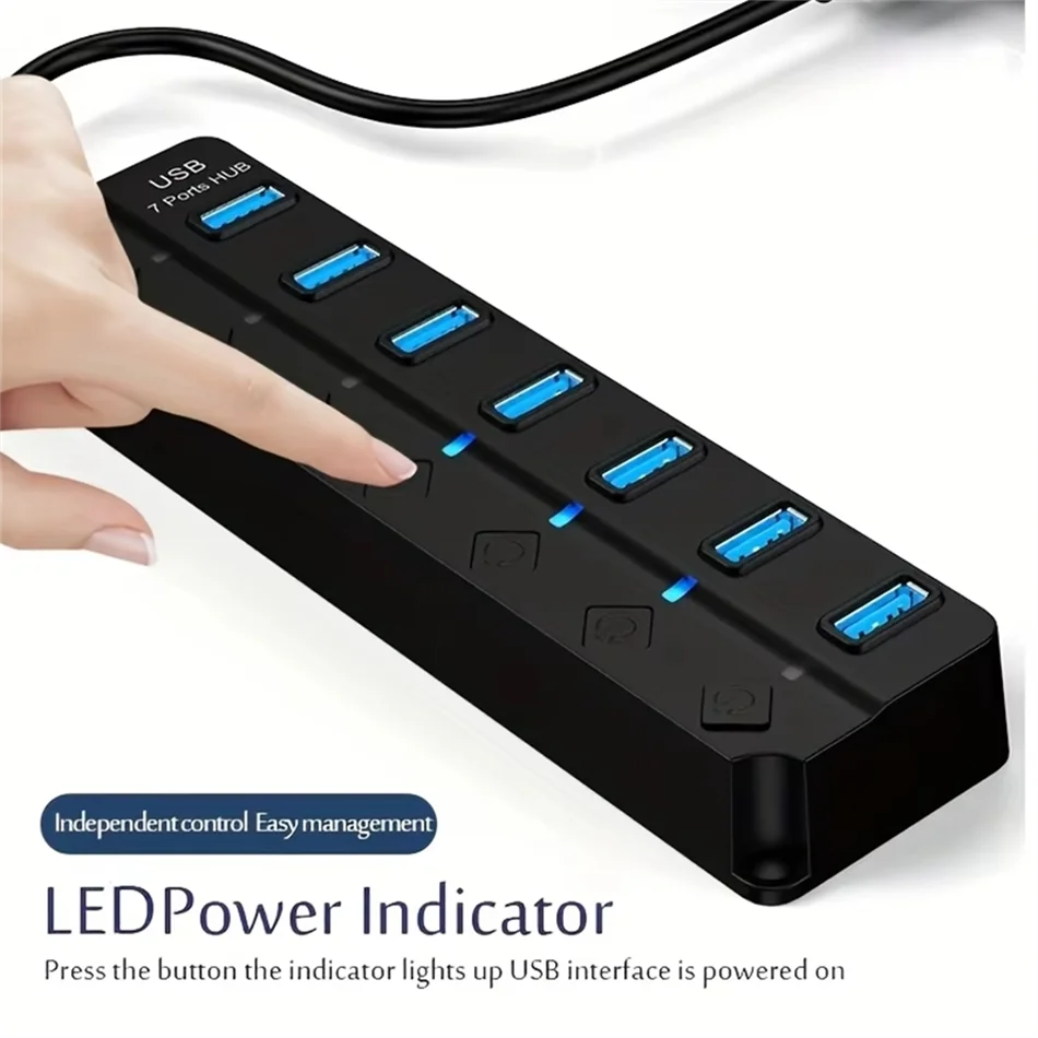 Hub USB 3,0 de 4/7 puertos con indicador LED, Control de interruptor independiente para PC, portátil, unidad Flash, disco duro, impresora, teclado de cámara - imagen 3