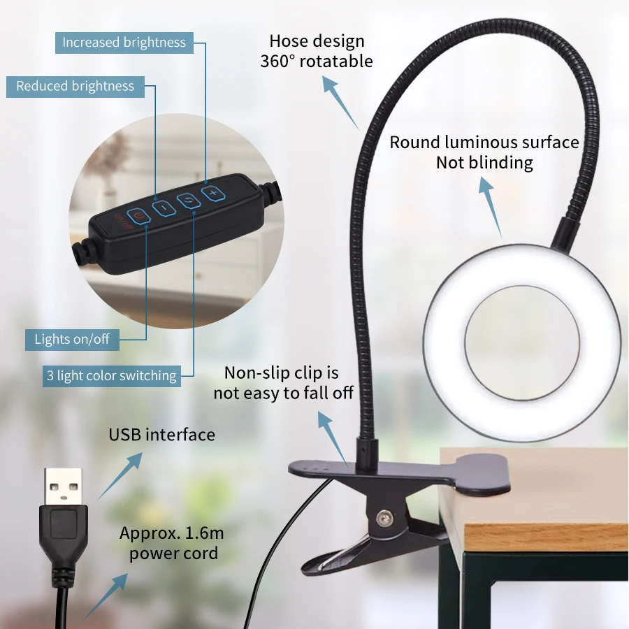 Lámpara de escritorio LED USB con Clip, luz de lectura de estudio regulable Flexible, lámpara de mesa con protección ocular de 3 temperaturas de Color - imagen 5