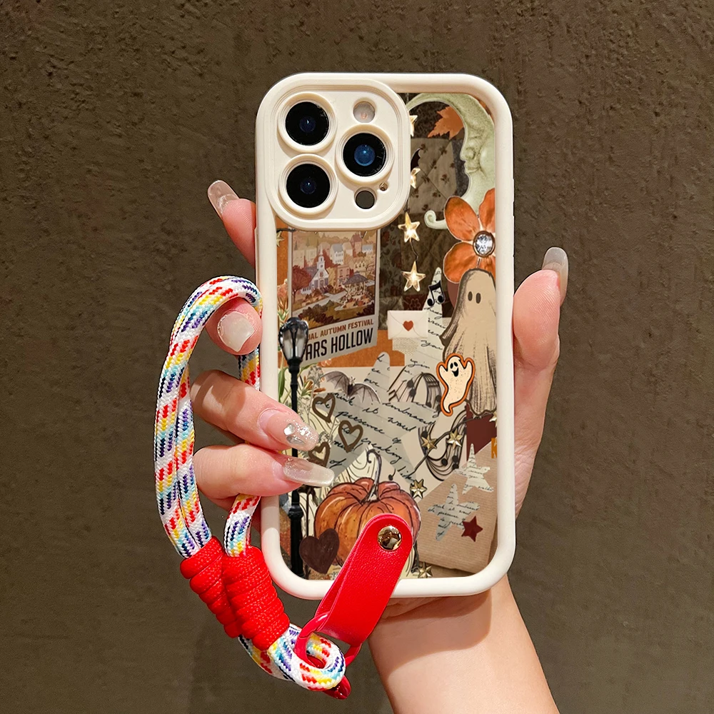Funda de teléfono de silicona fantasma de Halloween para iPhone 17 16 Pro Max 15 14 13 12 11 XS X XR 7 8 Plus 16E cubierta de cordón con correa para muñeca - imagen 2