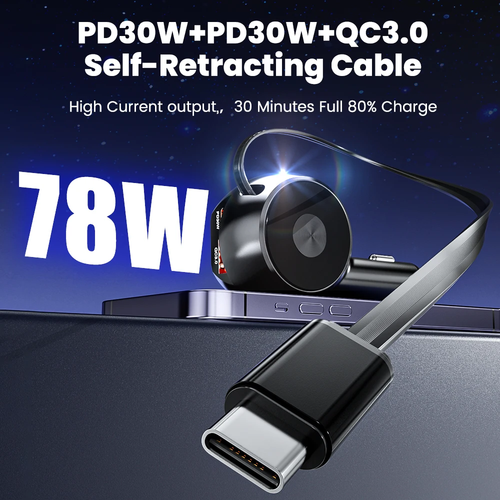 Cargador de coche de 3 puertos 78W con Cable de datos retráctil PD30W QC3.0 adaptador de cargador de teléfono de coche para iphone Samsung Huawei Xiaomi - imagen 3