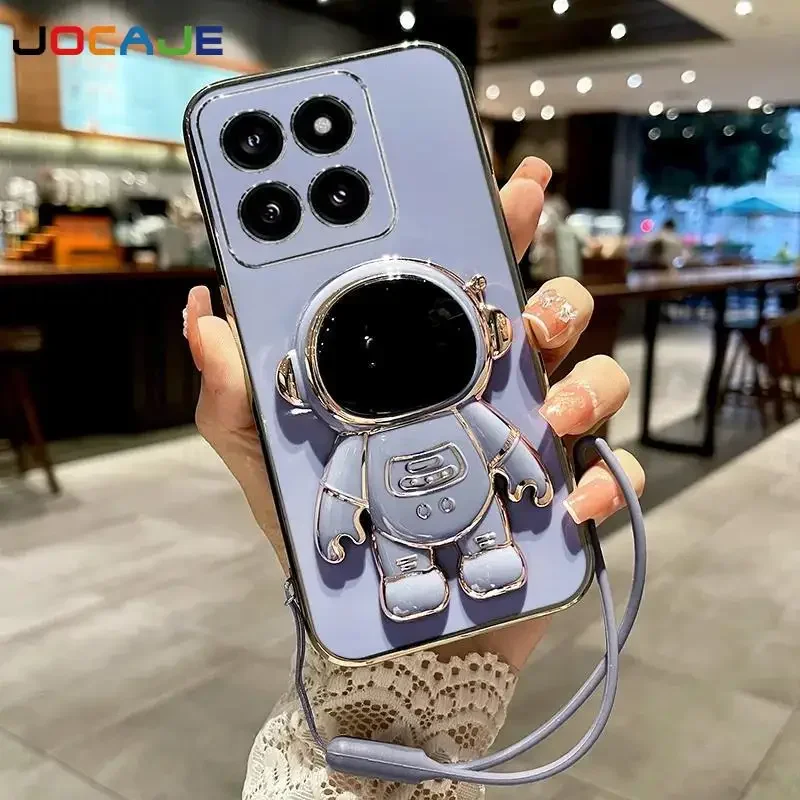 Funda de silicona a prueba de golpes para Xiaomi 14T Pro 13T 12T 11T Pro 14 T, funda con cordón y soporte de astronauta de dibujos animados galvanizado - imagen 4