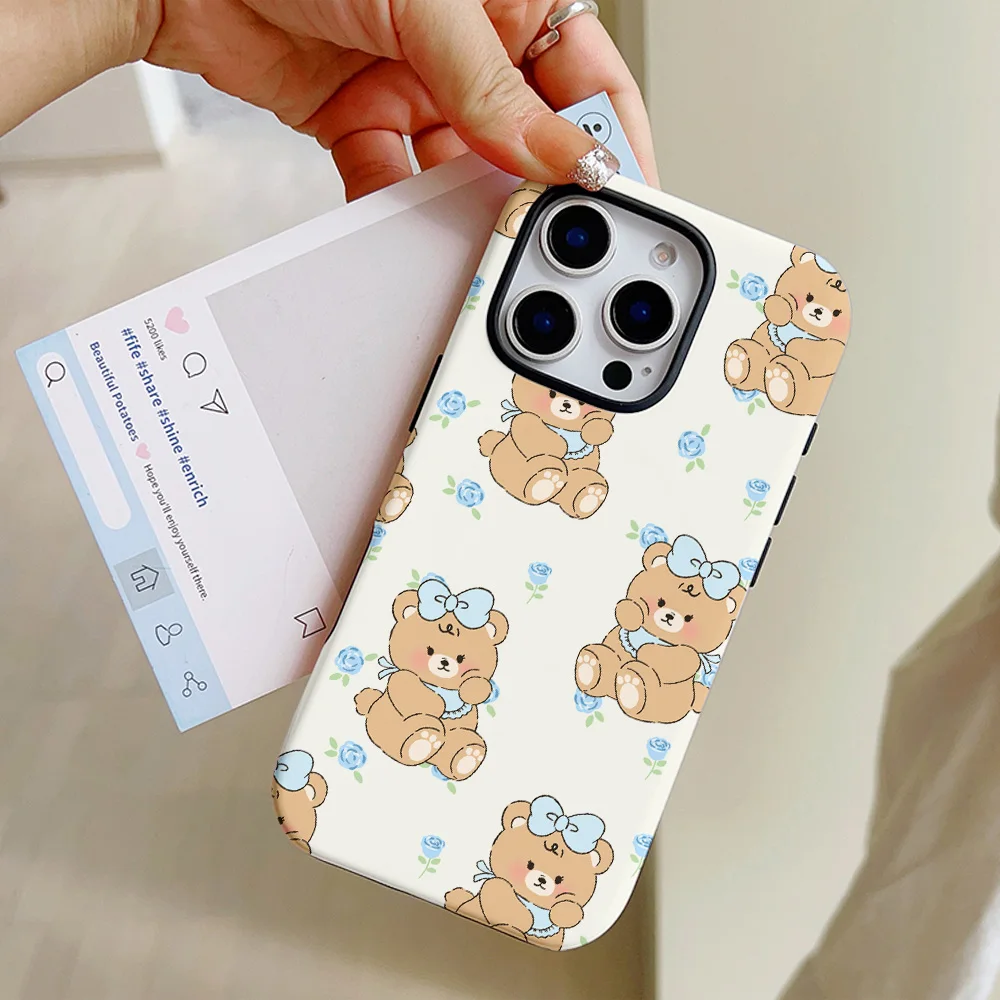 Funda de teléfono con diseño de oso de dibujos animados para iPhone 16, 15, 14, 13, 12, 11 Pro Max Plus, funda trasera magnética de lujo de doble capa - imagen 3