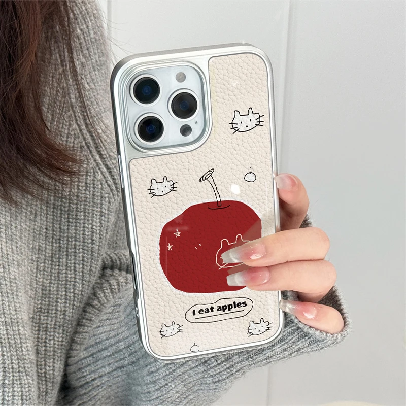 Funda de teléfono con textura de cuero con patrón de manzana ins cat eat para iPhone11/12/13/14/15/16/60 Pro Max AIR PLUS - imagen 4
