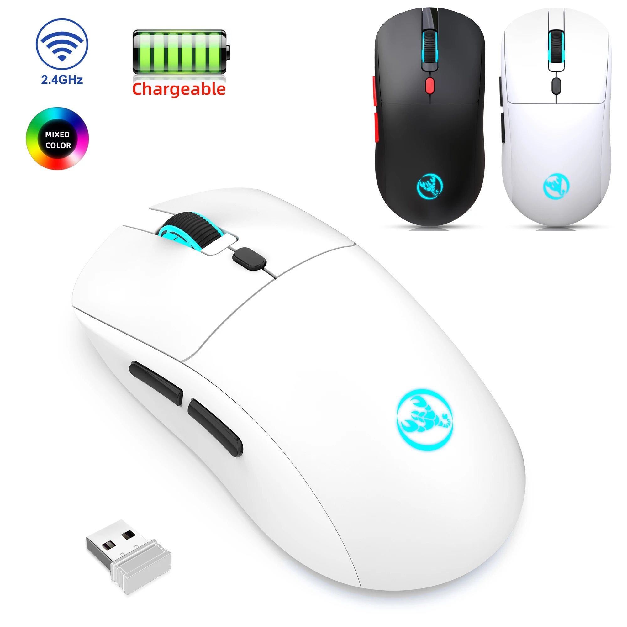 Ratón inalámbrico USB recargable de 2,4G, ajustable, 3600dpi, 7 colores RGB, cómodos para el hogar, oficina, ordenador portátil y Gamer
