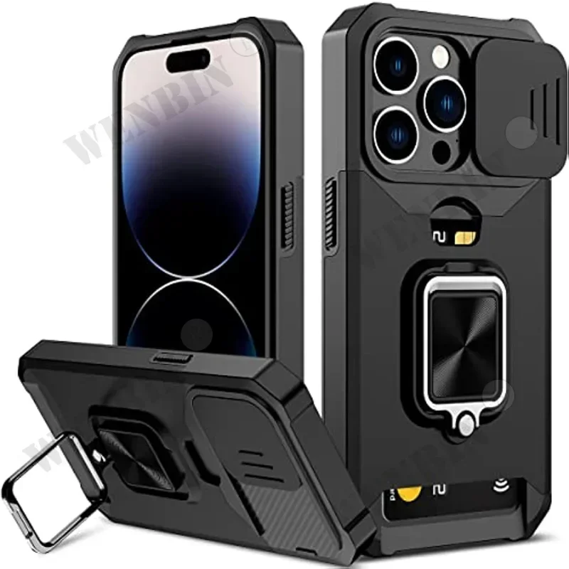 Funda para iPhone 17 16 15 14 13 12 Pro Max Plus 8 7 Plus Mini protección resistente con cubierta deslizante para cámara y cubierta con Clip para tarjetas