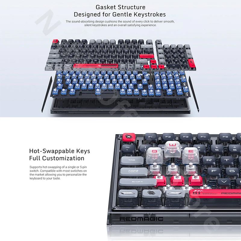 Teclado mecánico Original Redmagic, accesorio mecánico de 3 modos, cable e inalámbrico, 100 teclas, QS, BR, luz RGB, PBT - imagen 4