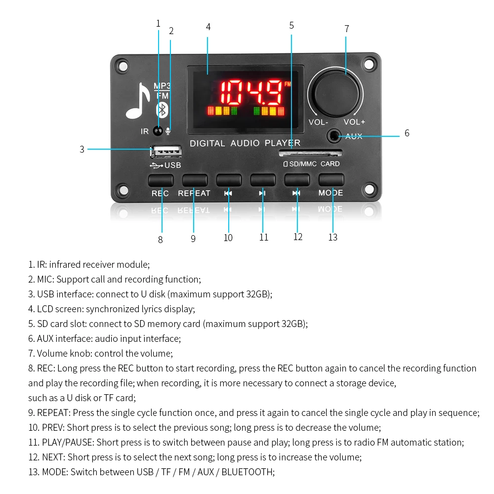 Placa decodificadora de MP3 Bluetooth DC 5V-26V, amplificador de 80W, reproductor Mp3 de música para coche inalámbrico, módulo de grabación de llamadas manos libres, Radio FM - imagen 3