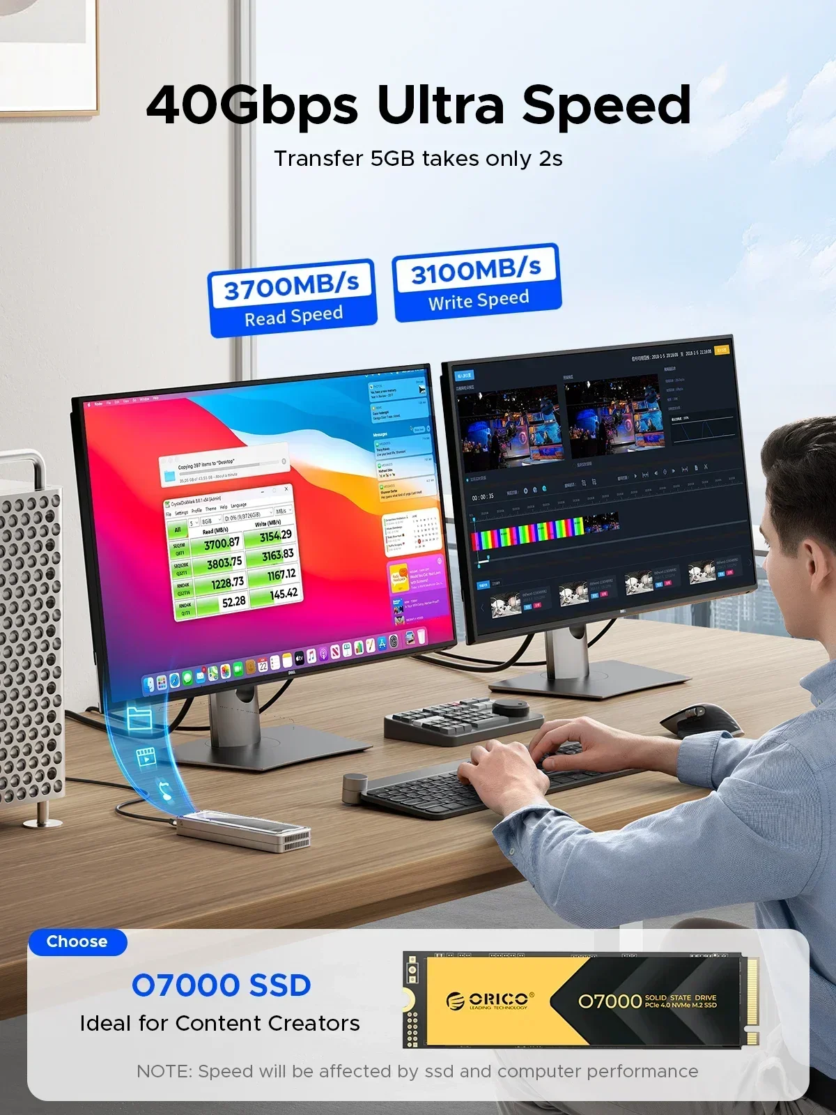 ORICO USB4.0 M.2 SSD Caja 40Gbps 8TB Aluminio con Ventilador de Refrigeración PCIe4.0 NVME Caja Tipo C Compatible Thunderbolt 3/4 - imagen 3