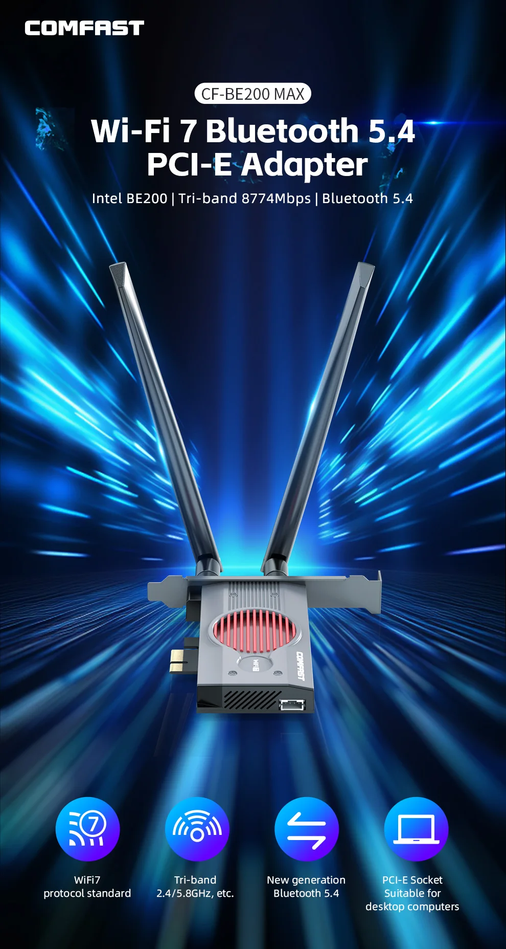 COMFAST-tarjeta de red PCI-E de 8774Mbps, adaptador PCIe inalámbrico de tres bandas, 2,4G, 5G y 6GHz, Chip Intel BE200 BT5.4 para PC Win10/11 - imagen 2