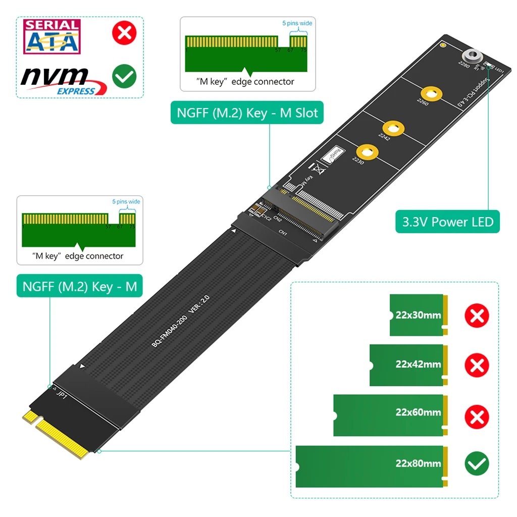 180 grados para NGFF M.2 m-key NVME SSD Cable de extensión 64Gbps para 2230/2242/2260/2280 M.2 NVME SSD - imagen 3