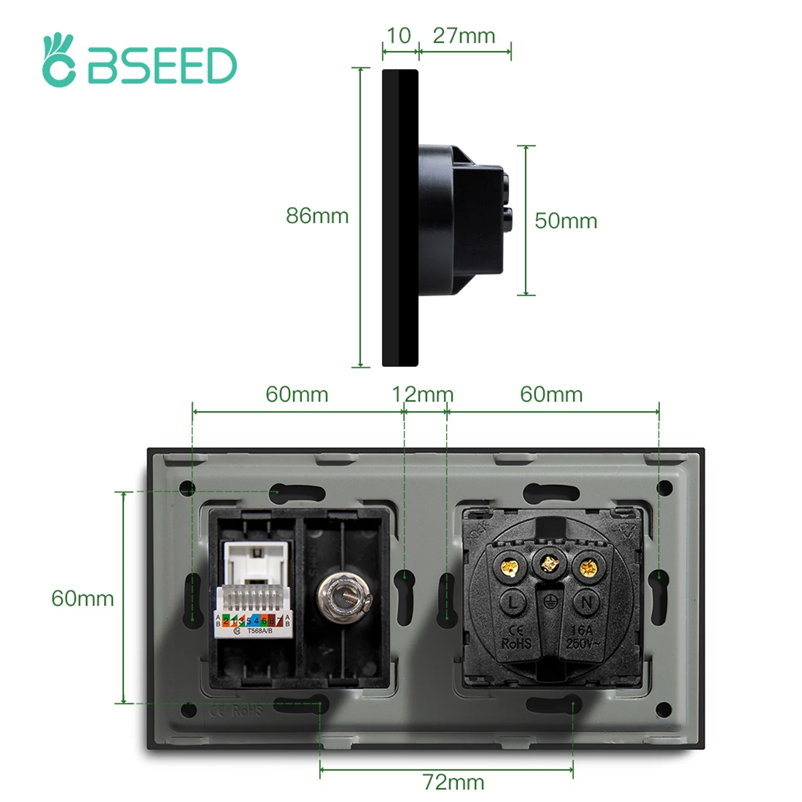 BSEED TV CAT5 con enchufe europeo enchufes de pared dobles TV Internet RJ45 conexiones de PC enchufes eléctricos USB tipo c marco de vidrio - imagen 5