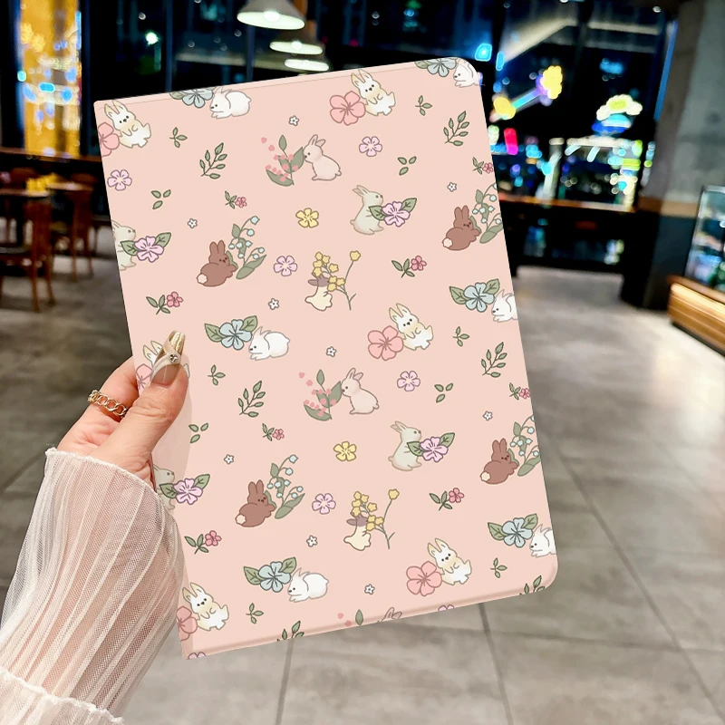 Bonita funda de conejo con flores rosas para iPad pro 10/11 pulgadas 2020/6/7th /8th /Air 3rd/Air 4th/9th gen/Air 5th Gen 2022/Air 11