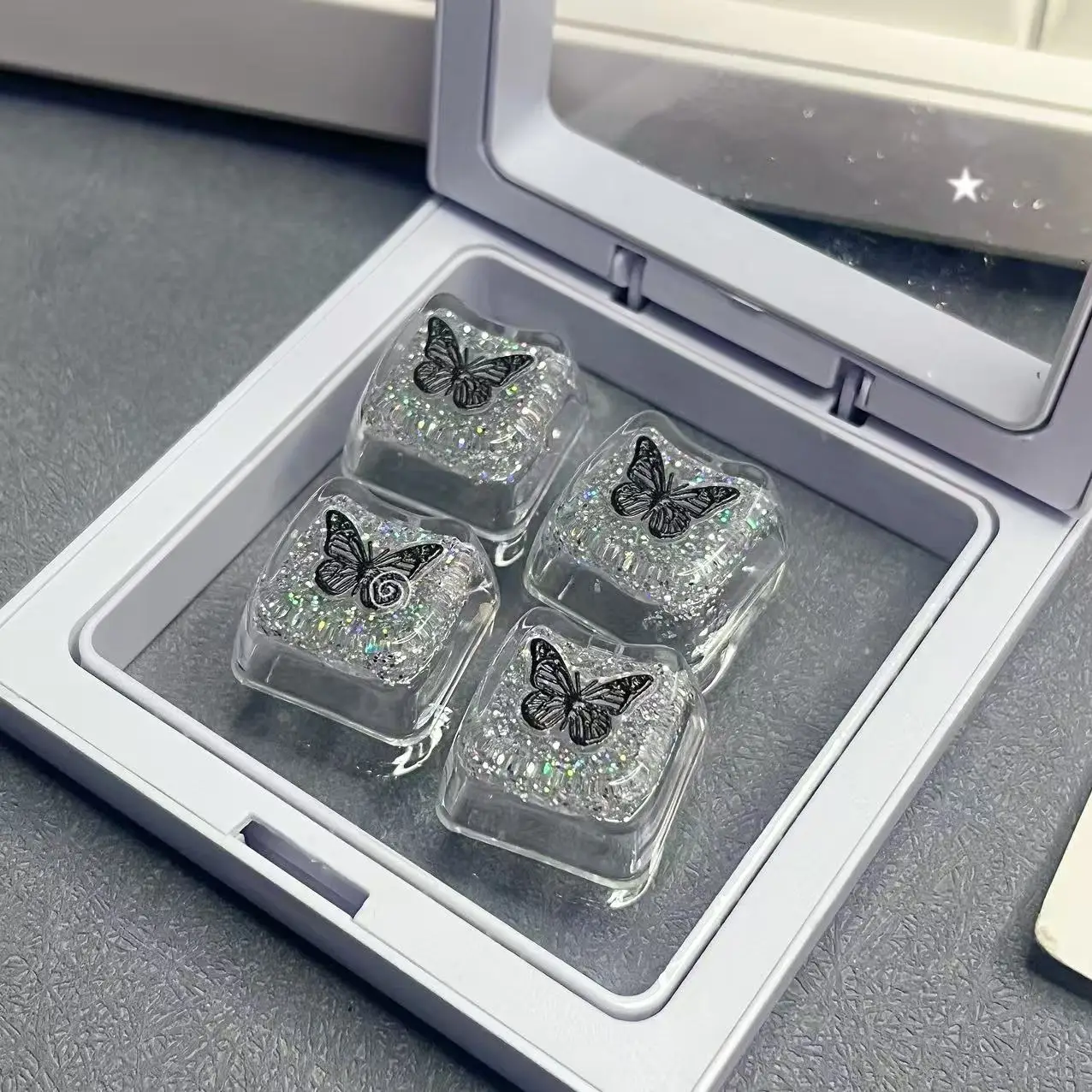 Teclas de mariposa negra DIY, bonitas teclas translúcidas con cabeza de gato, teclas de teclado mecánico transparentes de color rosa brillante para juegos - imagen 3