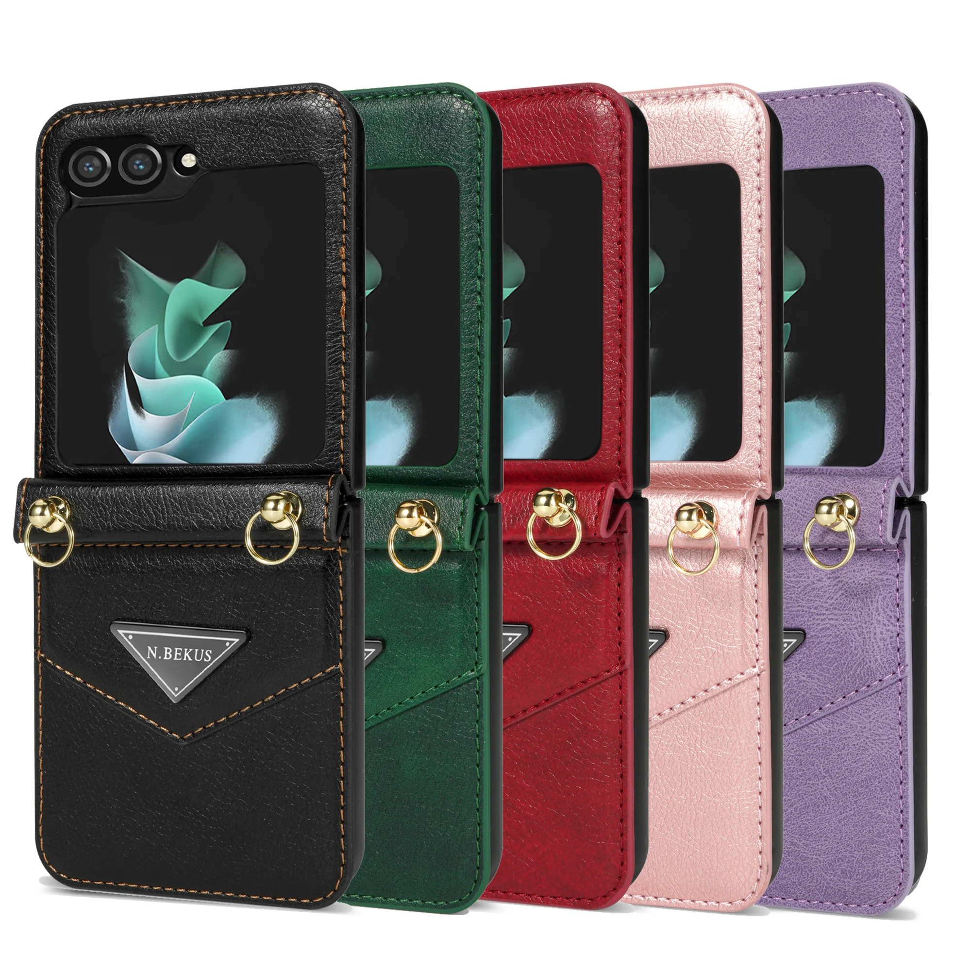 Funda de cuero con cordón para Samsung Galaxy Z Flip 5, 4, 3, 5G, Flip4, Flip5, tarjetero, funda trasera cruzada - imagen 5