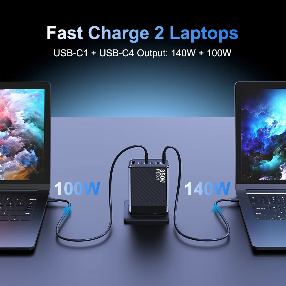 Cargador PD3.1 de 350W, estación de carga rápida de escritorio GaN3, adaptador de corriente USB tipo C PD PPS de 140W para MacBook Pro de 16 pulgadas, Samsung iPhone 15 - imagen 4