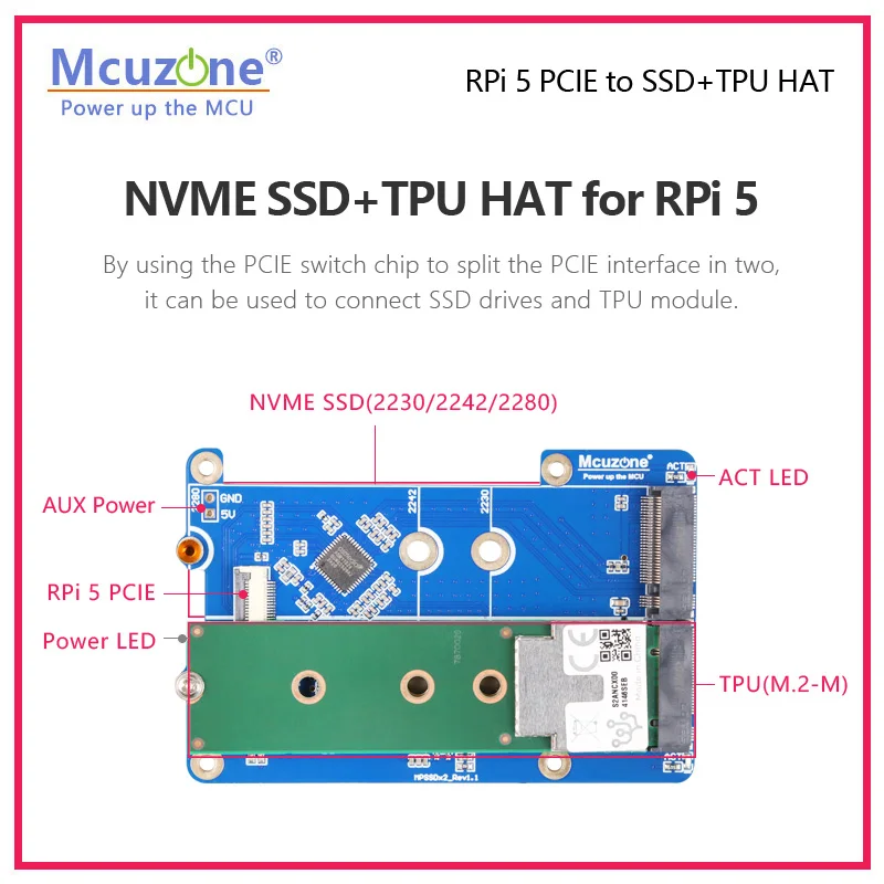 MPSTPU(M.2 M) Raspberry Pi 5 PCIE M.2 NVME SSD + TPU HAT compatible con SSD de tamaño 2230/2242/2280 y Google coral Edge TPU - imagen 2