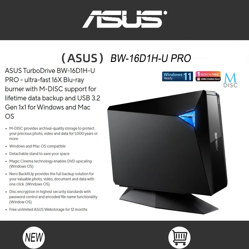 Grabador de Blu-Ray externo Asus negro, BW-16D1H-U PRO/BLK/G/AS/PDVD (sin caja de venta al por menor)