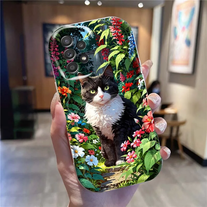 Hermosa funda de teléfono con arte floral de gato para Samsung A73 A72 A71 A56 A55 A54 A53 A52 A51 A32 A36 A26 A25 A13 A14 5G aceite ondulado - imagen 2