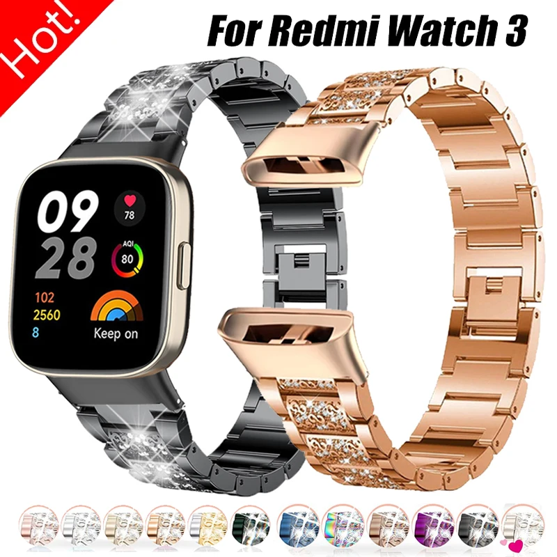 Correa de diamante para mujer para Redmi Watch 3, pulsera para Xiaomi Redmi Watch 3/Mi Watch Lite 3, accesorios de correa de acero inoxidable