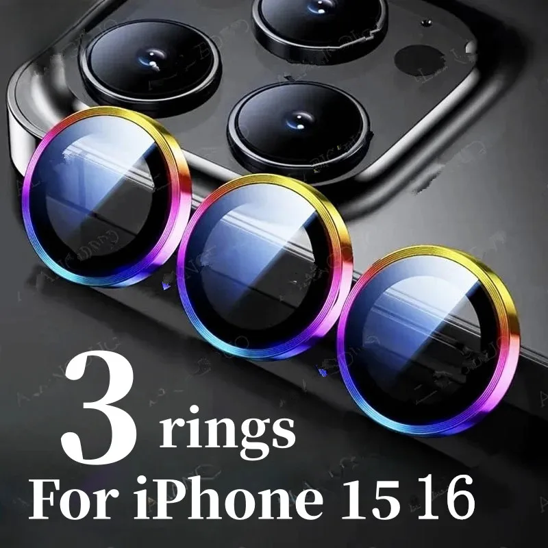 3 anillos de lente para iPhone 16 Pro Max 16 Plus 14 15 anillo de lente + vidrio templado para iPhone 15 15Pro max 15Plus cubierta protectora de lente