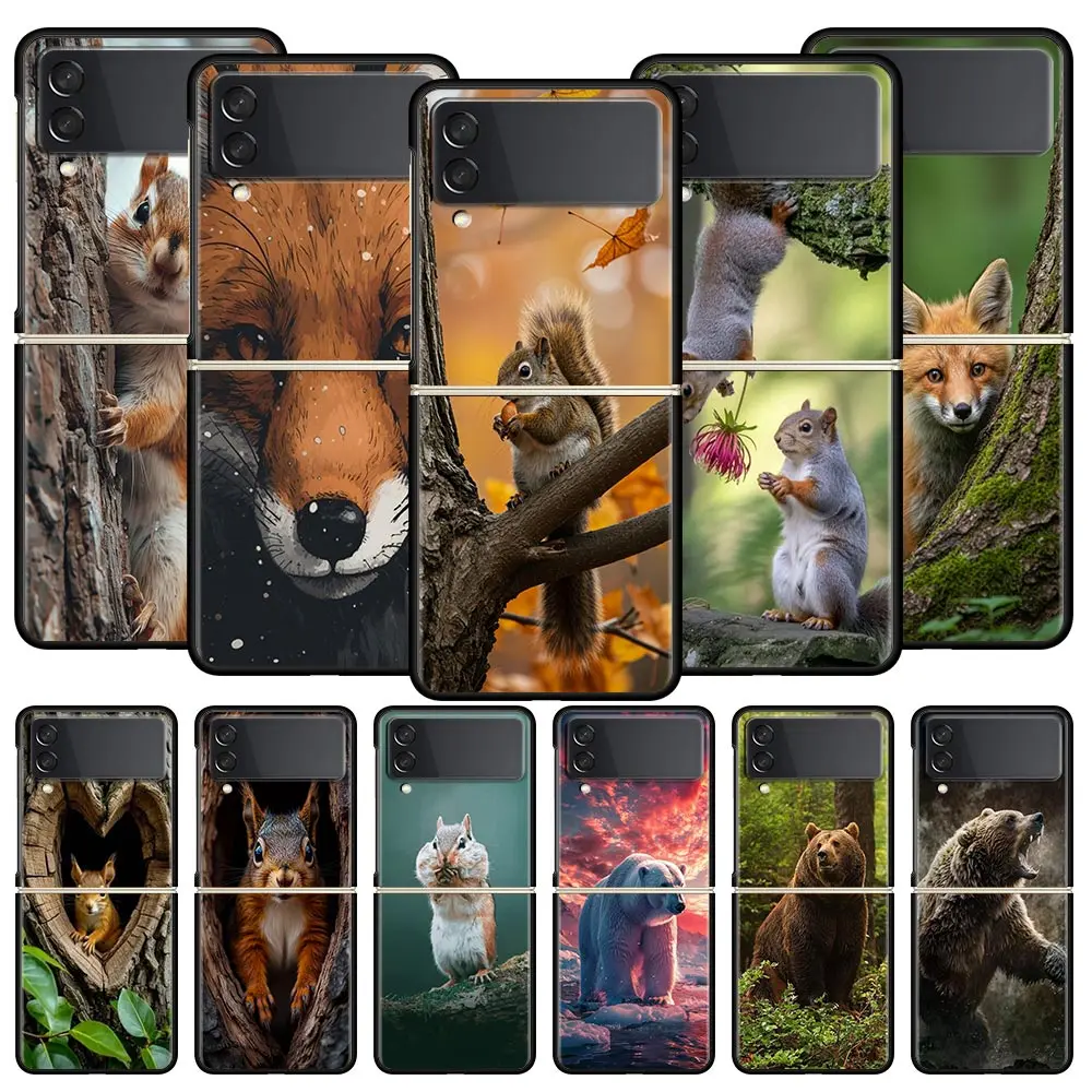 Funda de teléfono con dibujos de animales, oso, zorro, ardilla, para Samsung Galaxy Z Flip3 Flip4, funda para Z Flip 3 4 5 6 7, funda plegable dura