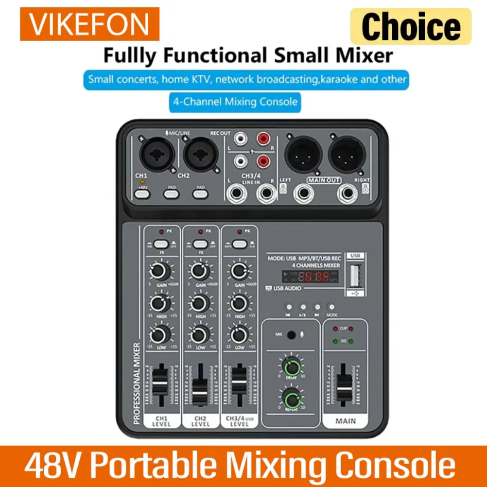 Mezclador de Audio de tamaño pequeño de 4 canales, 48V, alimentación fantasma, mezcladores de sonido de estudio USB, consola portátil Bluetooth para DJ, mezcla para Karaok