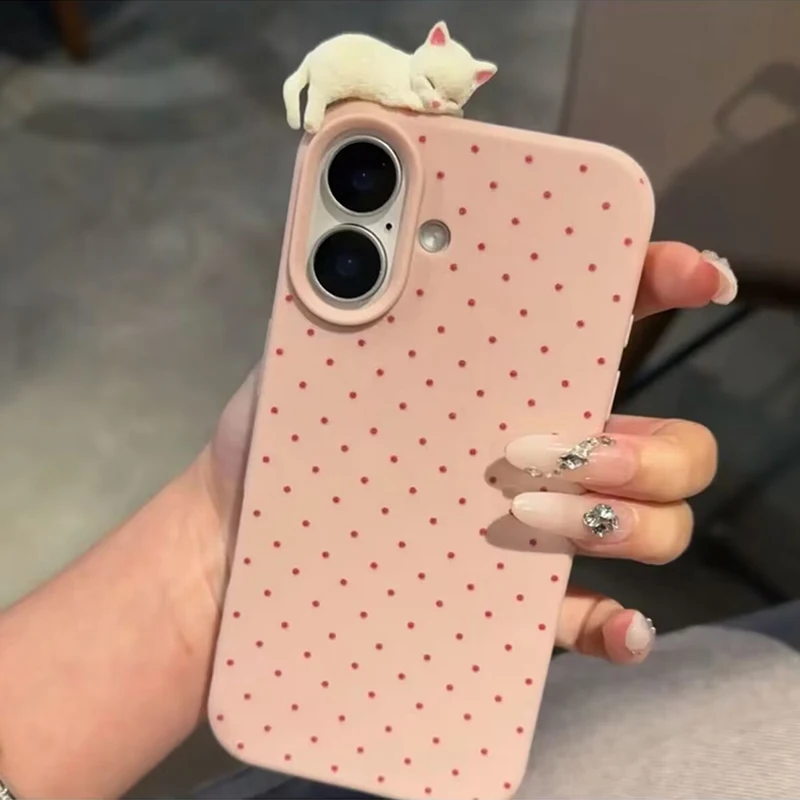 Funda de teléfono suave con diseño de lunares encantadores de Corea para iPhone 17 16 15 14 13 12 Pro Max Plus X funda a prueba de golpes con bonito gato de dibujos animados 3D - imagen 4