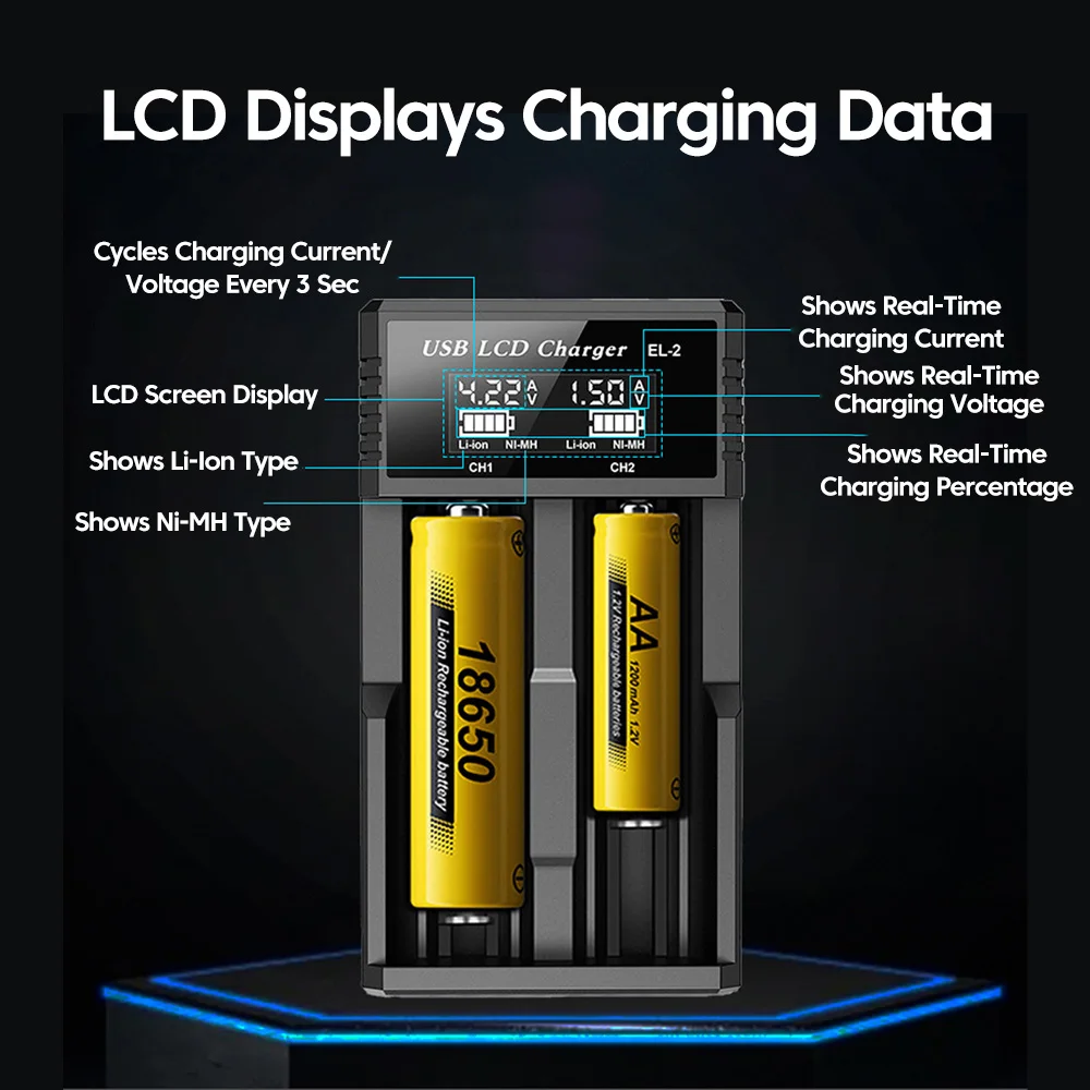 Cargador inteligente de batería LCD USB, 1/2/4 ranuras duales para batería de litio recargable 18650 3,7 V para batería NI-MH AA/AAA de 1,2 V - imagen 5
