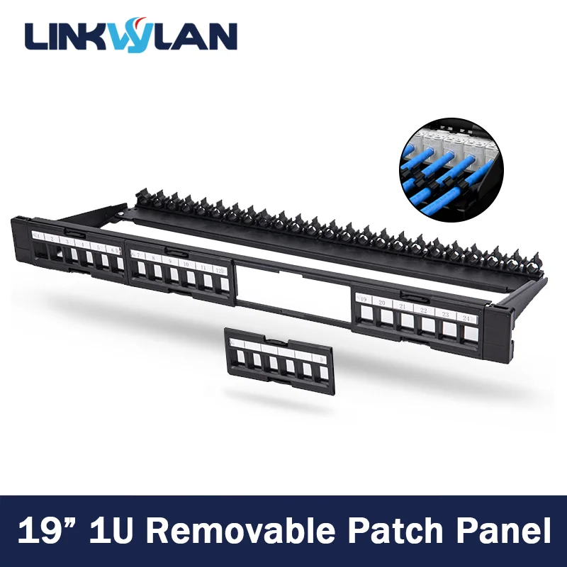 Panel de conexión de red Linkwylan en blanco 1U 24 puertos extraíbles para Keystone estándar RJ45 con barra administradora de cables y con campo de etiquetas