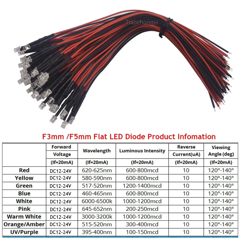 20 unids/lote 20cm precableado 3mm 5mm luces LED superiores planas precableadas 5V 12V 24V 2pin diodo emisor de luz para decoración del hogar DIY - imagen 5